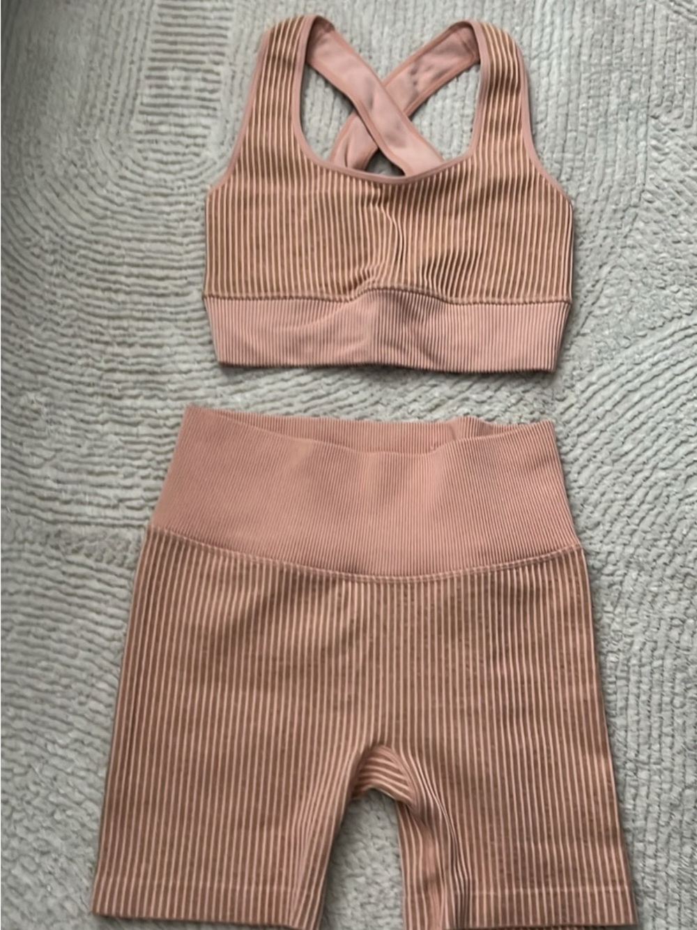 JoyLab Ribbed Bike Shorts and Matching Sports Bra in Dusty Rose